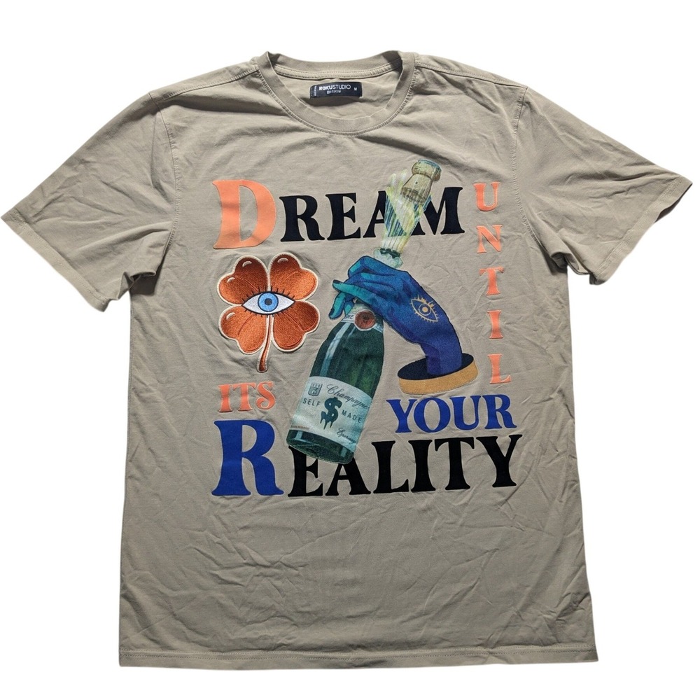 Roku Studio Dream Until Its Your Reality Applique T-Shirt Men Medium Tan EUC